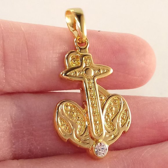 18K Yellow Gold Filled Boat Anchor Diamond Zircon Necklace Pendant Gorgeous Gift - Picture 3 of 7